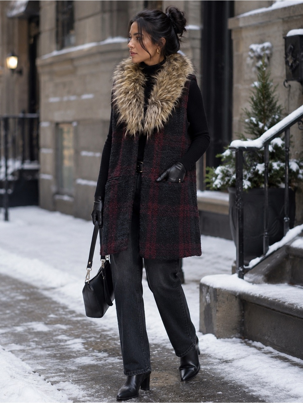 Anthropologie Sanctuary Yannah Plaid Vest Tweed Faux Fur Collar